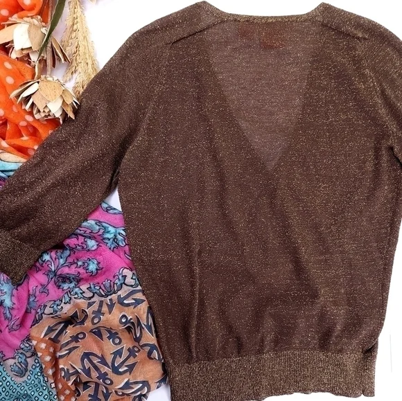 Tory Burch Brown Gold Shimmer Thin Sweater Sz S - Picture 10 of 13